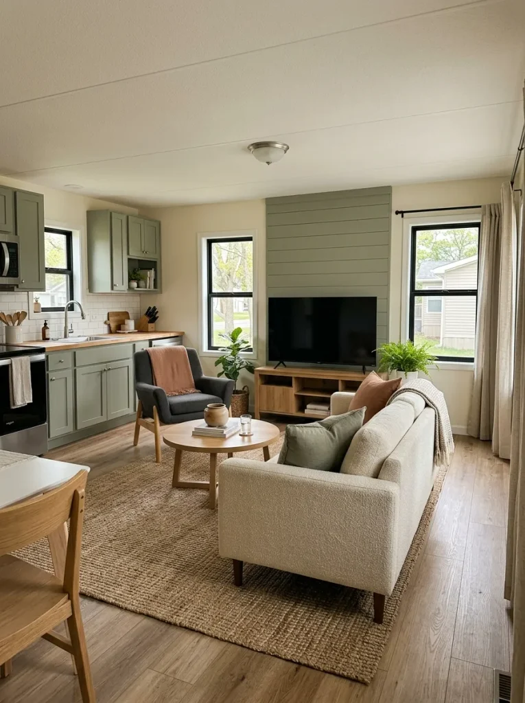 Floating sofa defining the living area from the kitchen in a narrow single-wide open floor plan.