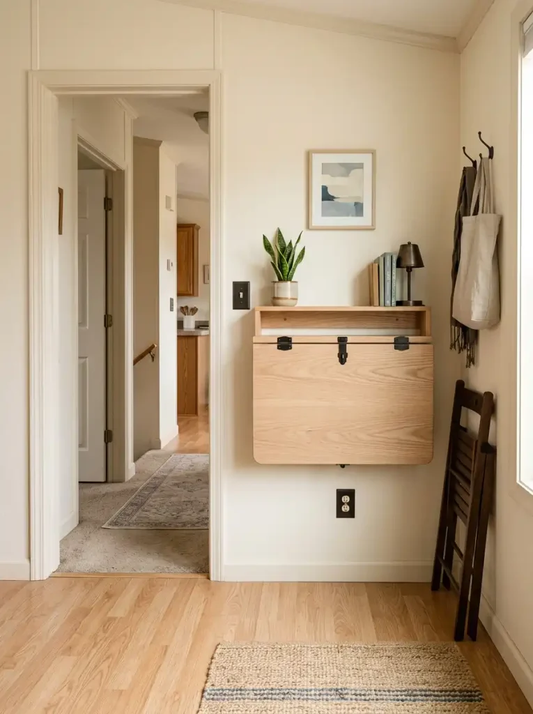 Wall-mounted drop-leaf table folded closed in a single wide mobile home, leaving an adjacent walkway clear.