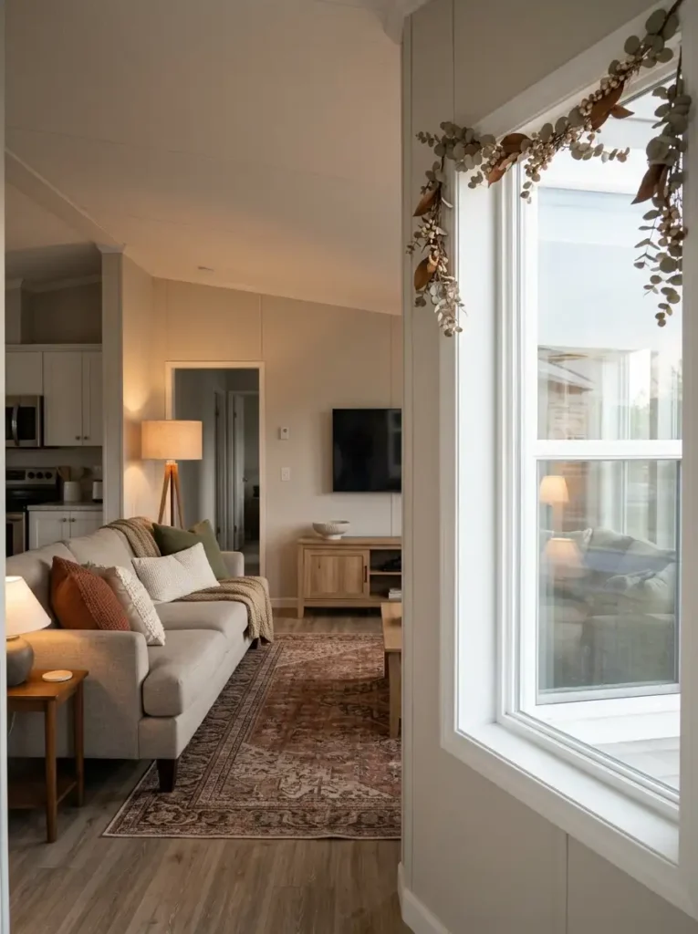 Finished fall mobile home living room with a muted autumn wreath on a bright window, neutral sofa, warm textiles, and clear walkways.