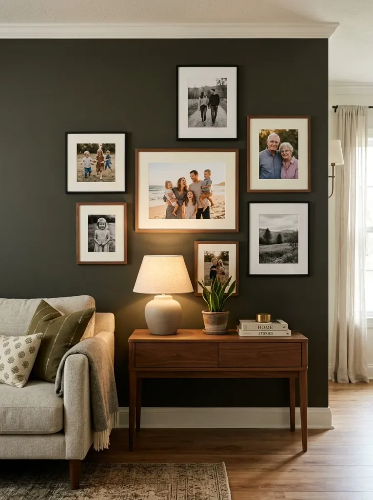 Curated personal family-photo gallery above a wood console in a refined single-wide living room.