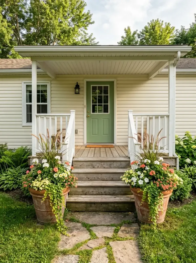 Mobile home porch steps framed by two large dark planters filled with colorful summer flowers and trailing greenery.