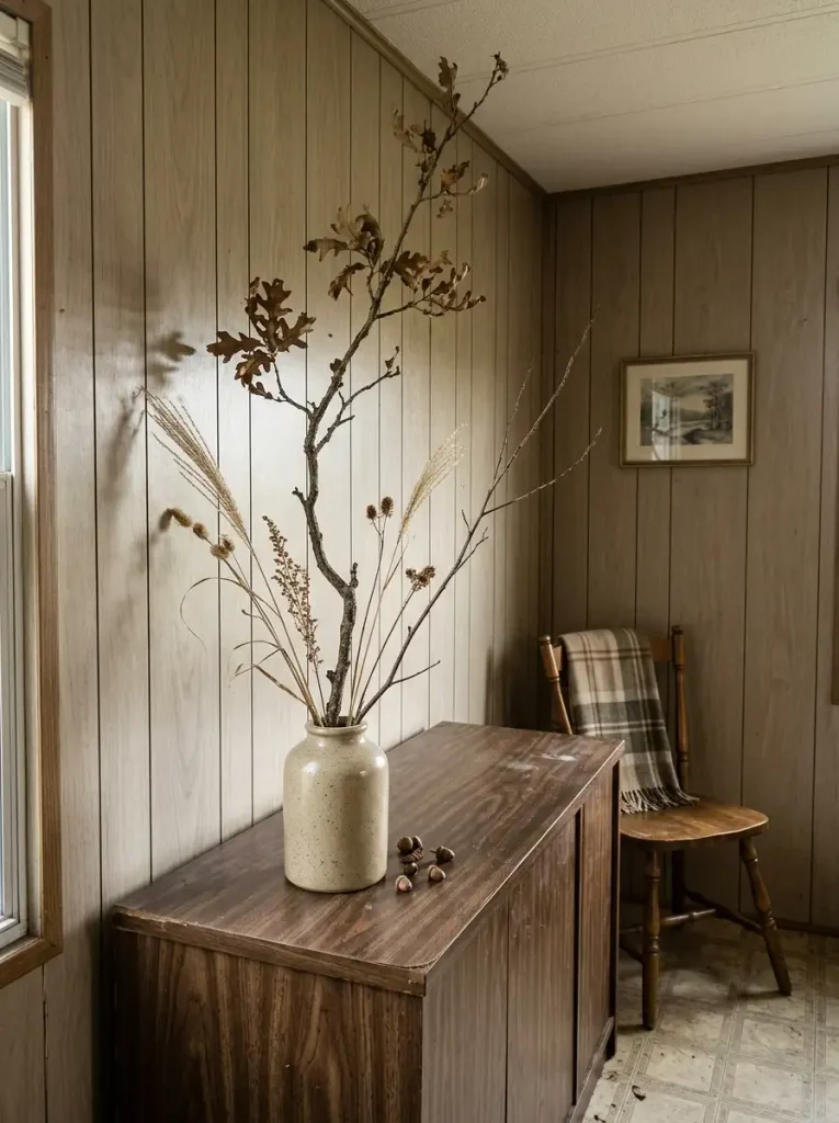 Tall vase with sparse fall branches, dried grasses, and seed heads on a console in a neutral mobile home room.