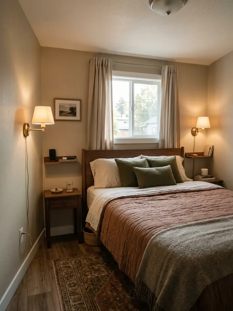 Fall mobile home bedroom with wall-mounted sconces, shallow bedside shelves, and uncluttered nightstands.