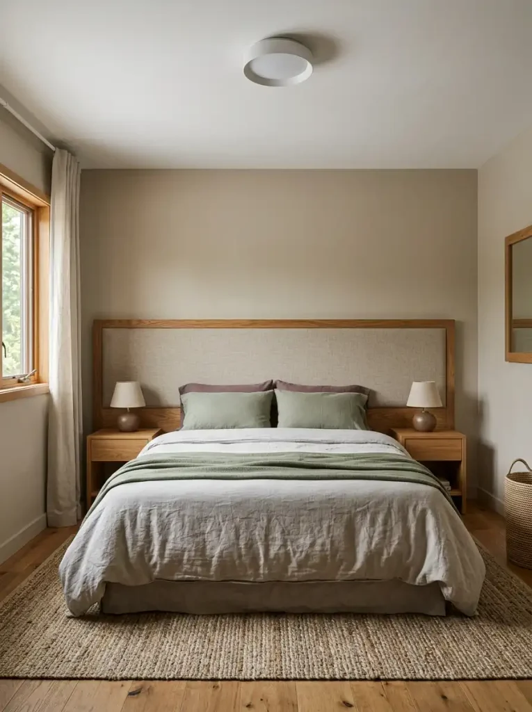 Single wide bedroom organized around a broad headboard plane with balanced bedside tables and lamps.