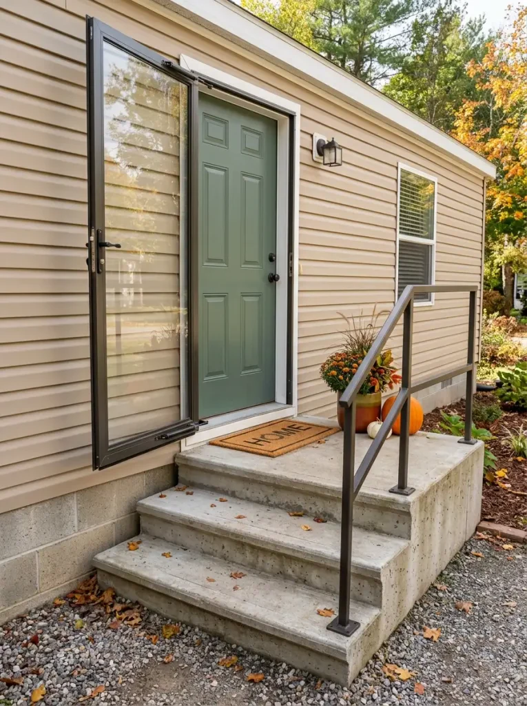 Mobile home entrance with open storm door, clear steps and handrail, and fall decor positioned in an outer corner.