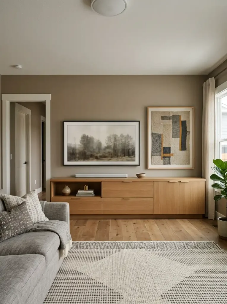 Modern single wide media wall with a long closed-storage console, concealed cables, and balanced negative space.