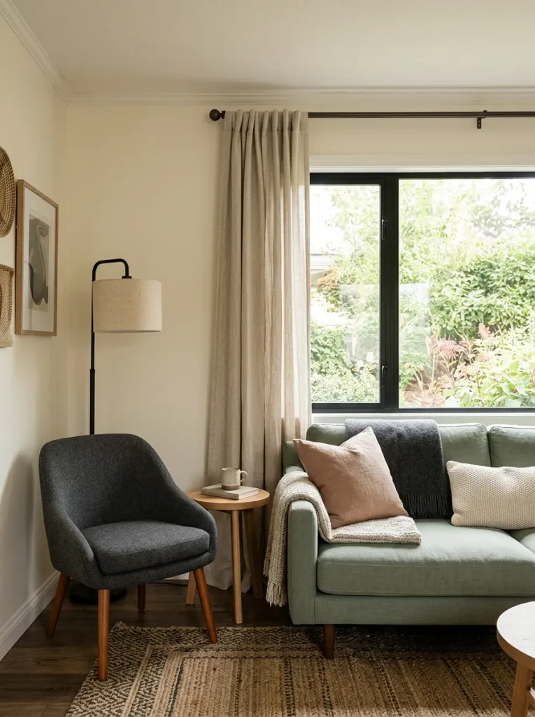 Low-backed sofa and accent chair arranged naturally around a large single-wide living room window.