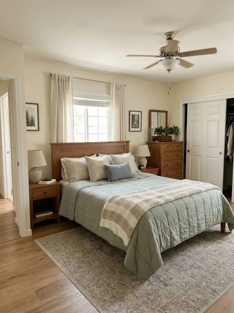 Calm double-wide bedroom with bedding as the main textile story and quieter curtains, rug, and accent patterns supporting it.