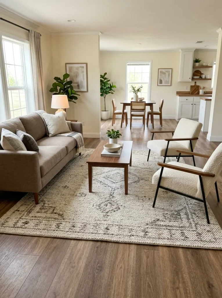 Double-wide living room with a generous area rug visually connecting the sofa and chairs while keeping circulation open toward the dining area.