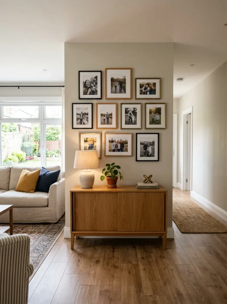 Coordinated family-photo gallery grouped above a console in a double wide with quieter surrounding walls.