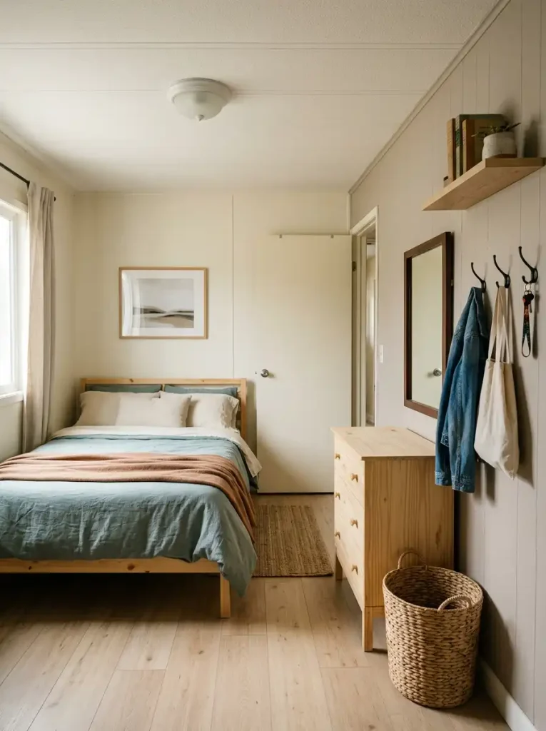 Narrow single wide bedroom with dresser, mirror, hooks, and laundry storage grouped along one service wall.