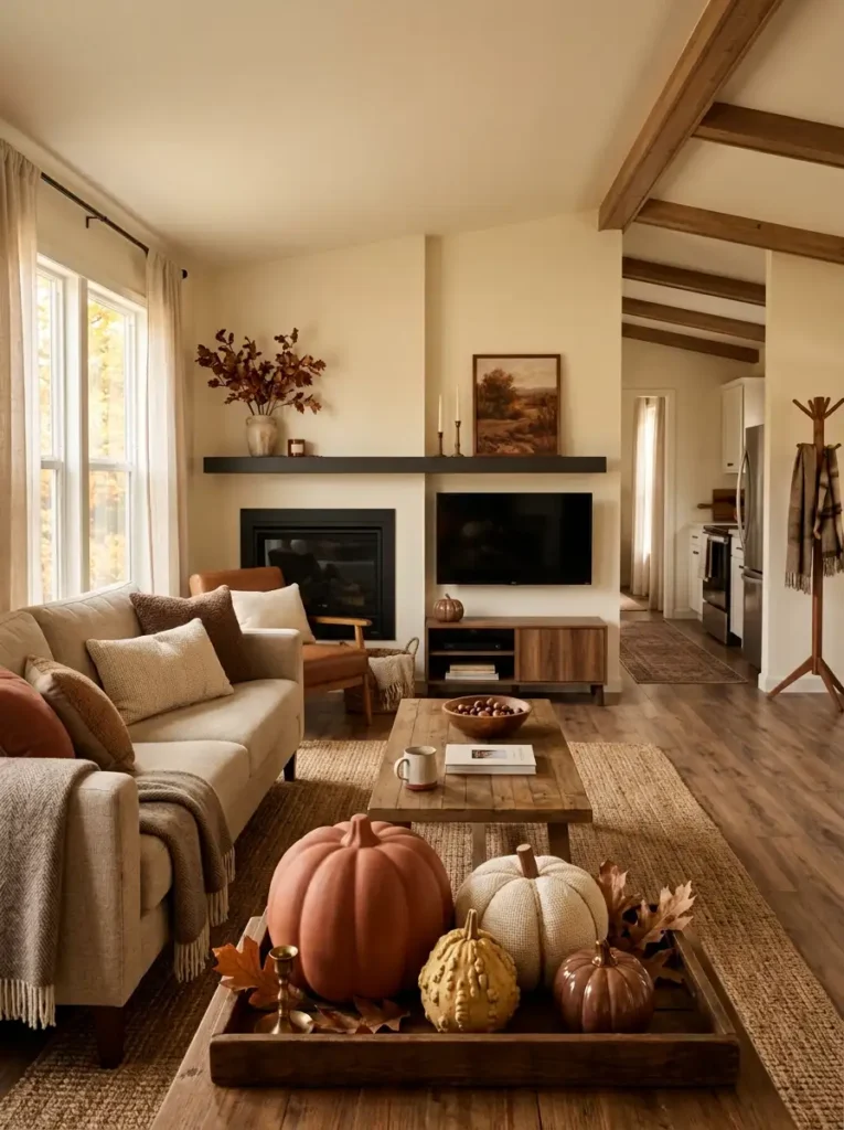 Fall side table vignette with warm lamp, small terracotta vase, autumn branches, candle, and open space beside a neutral sofa.