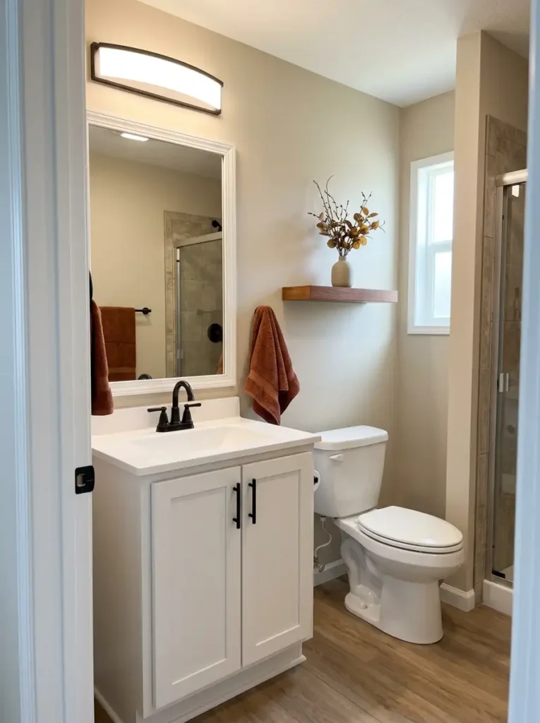 Double wide bathroom with simple fall decor including a rust hand towel, small botanical arrangement, white vanity, and black hardware.