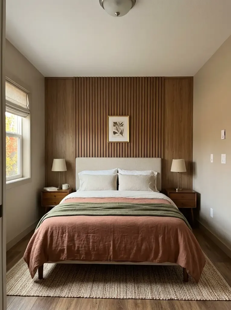 Mobile home bedroom with warm feature wall behind the headboard, rust bedding, and cozy fall decor.