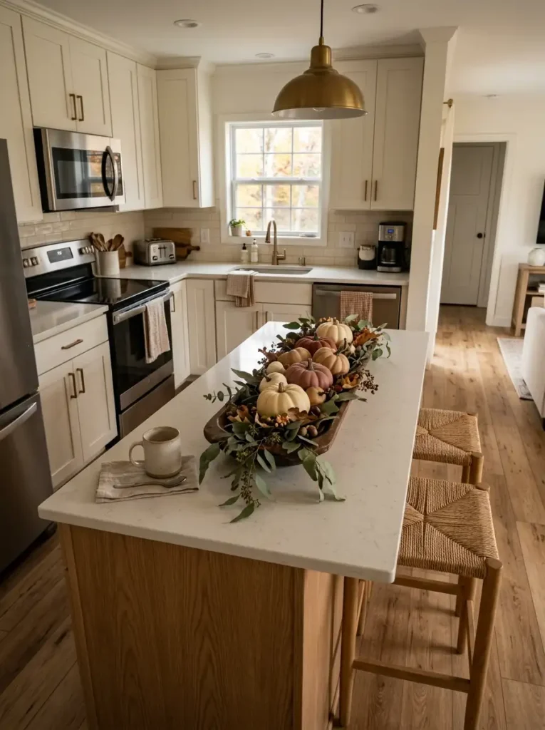 Small mobile home kitchen island with a long low fall centerpiece of cream pumpkins, rust foliage, and warm wood.
