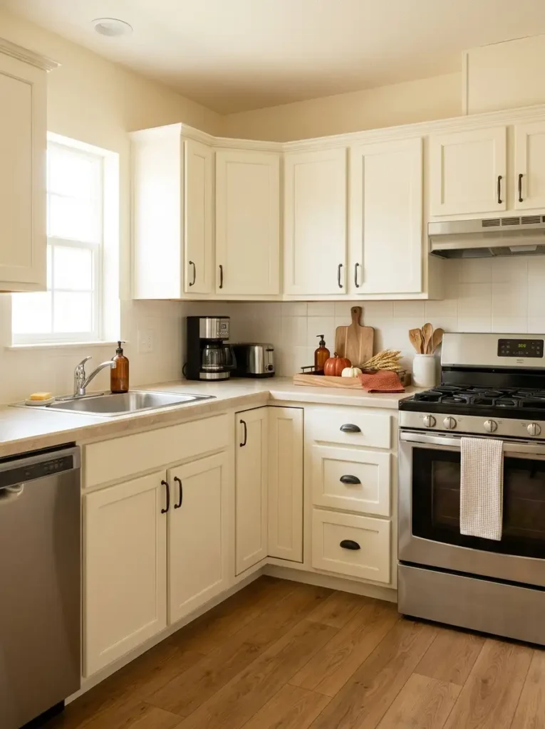 Compact single wide kitchen with one fall tray holding small pumpkins, amber glass, a rust towel, and dried foliage on a clear countertop.