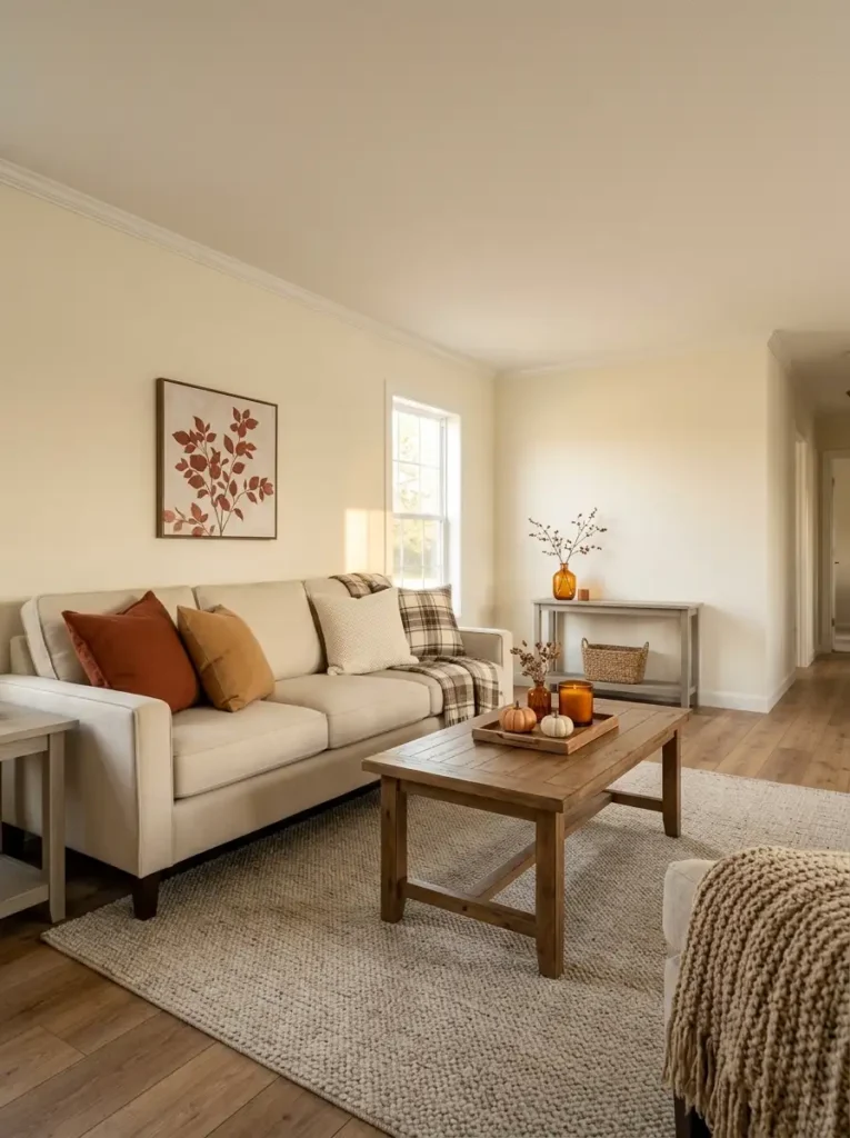 Single wide living room with a cream sofa, rust fall pillows, low pumpkin centerpiece, warm wood furniture, and uncluttered neutral areas.