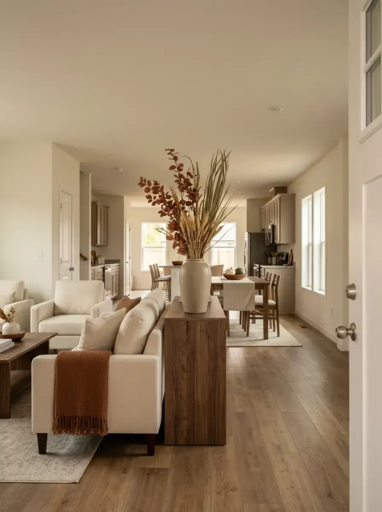 Open-plan double wide fall decor with one dominant autumn focal arrangement and quieter seasonal accents in adjoining rooms.
