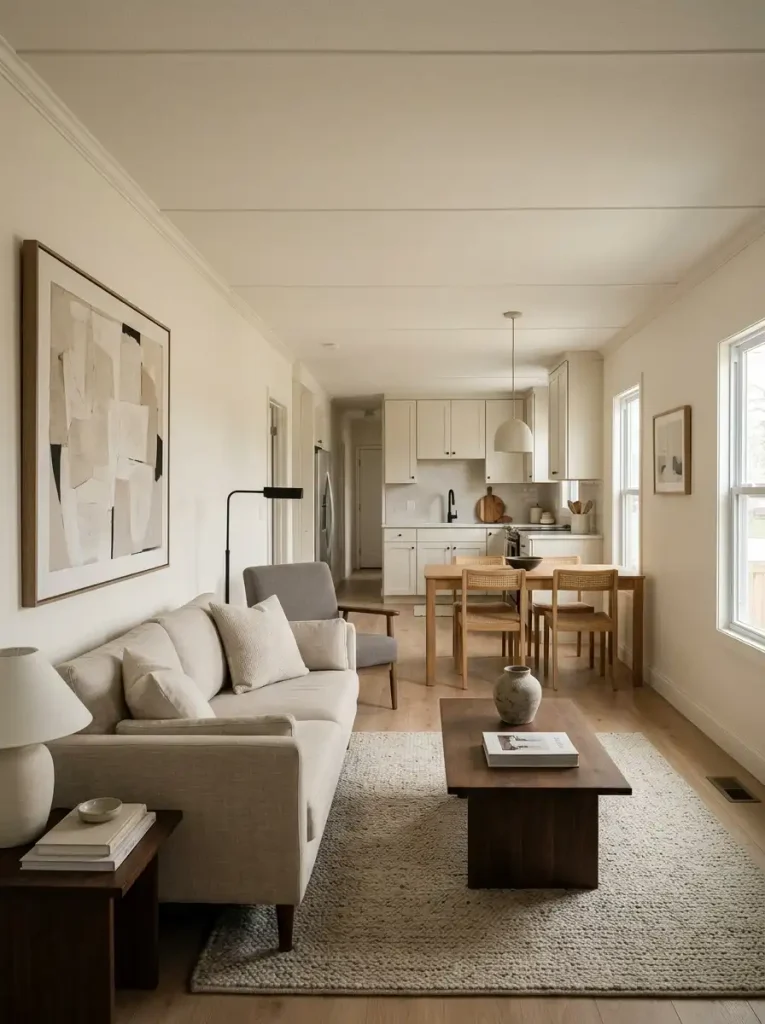 Single wide open plan where the living room leads visually while dining and kitchen remain quieter supporting zones.