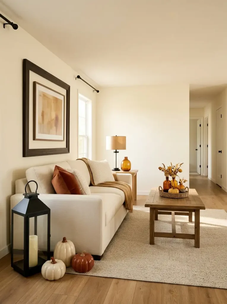 Fall living room with cream sofa, rust accents, warm wood furniture, matte black lantern, and dark frame providing contrast.