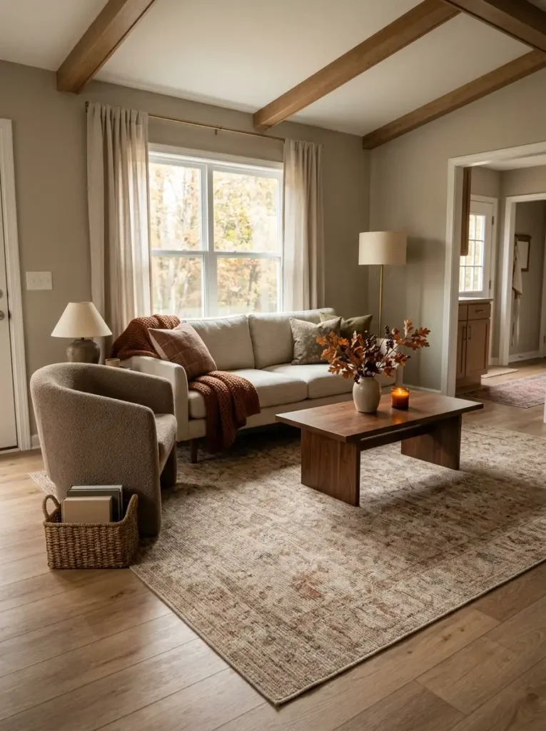 Mobile home living room with beige sofa and accent chair anchored by a large warm neutral rug extending beneath the front furniture legs.