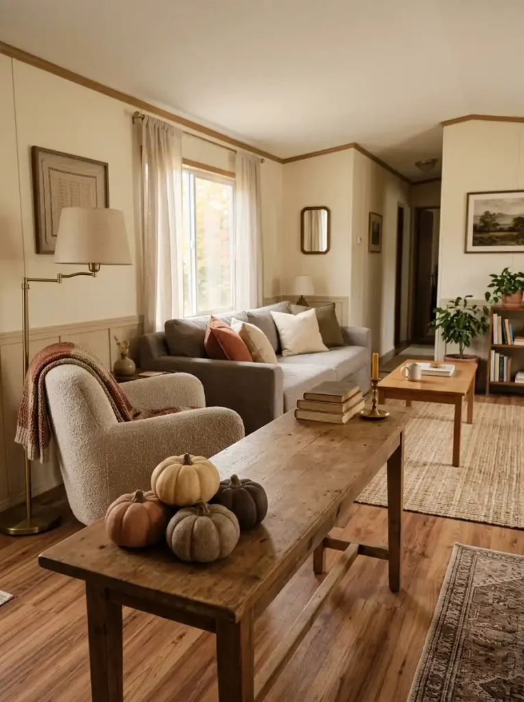 Four small clay, cream, taupe, and brown pumpkins grouped together on a mobile home console