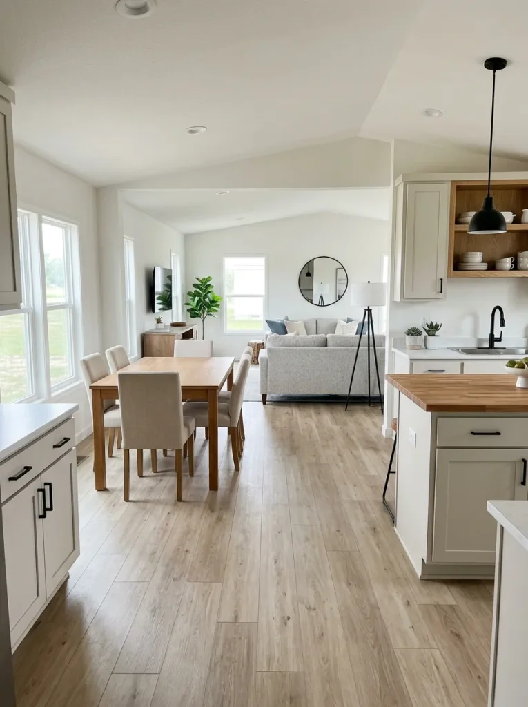 Warm wood and black-metal kitchen finishes repeat subtly in a double-wide dining and living area.