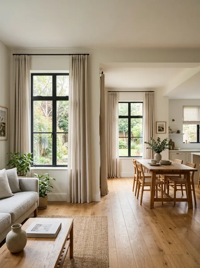 High-mounted linen curtains visually lengthen windows and soften a connected double-wide living and dining area.
