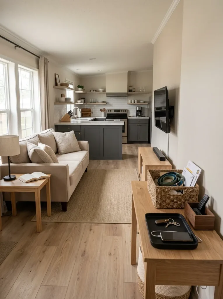 Single-wide living room with chargers, mail, remotes, and pet items neatly contained outside the main sightline.