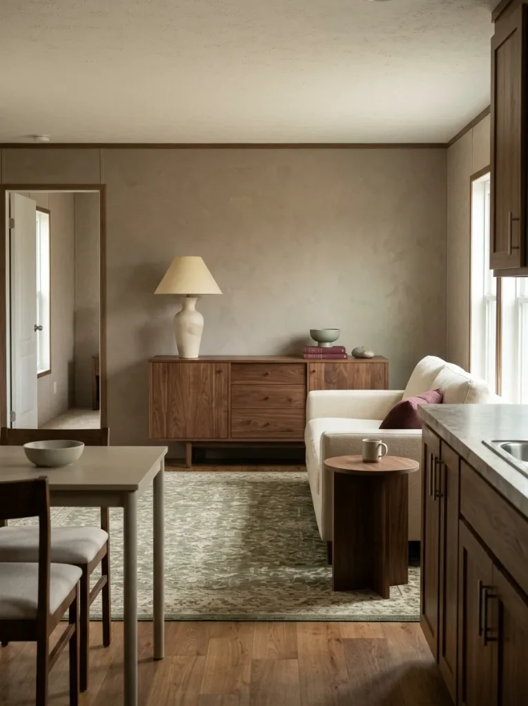 Single-wide interior with one high-visibility console styled strongly while nearby tables remain intentionally quiet.