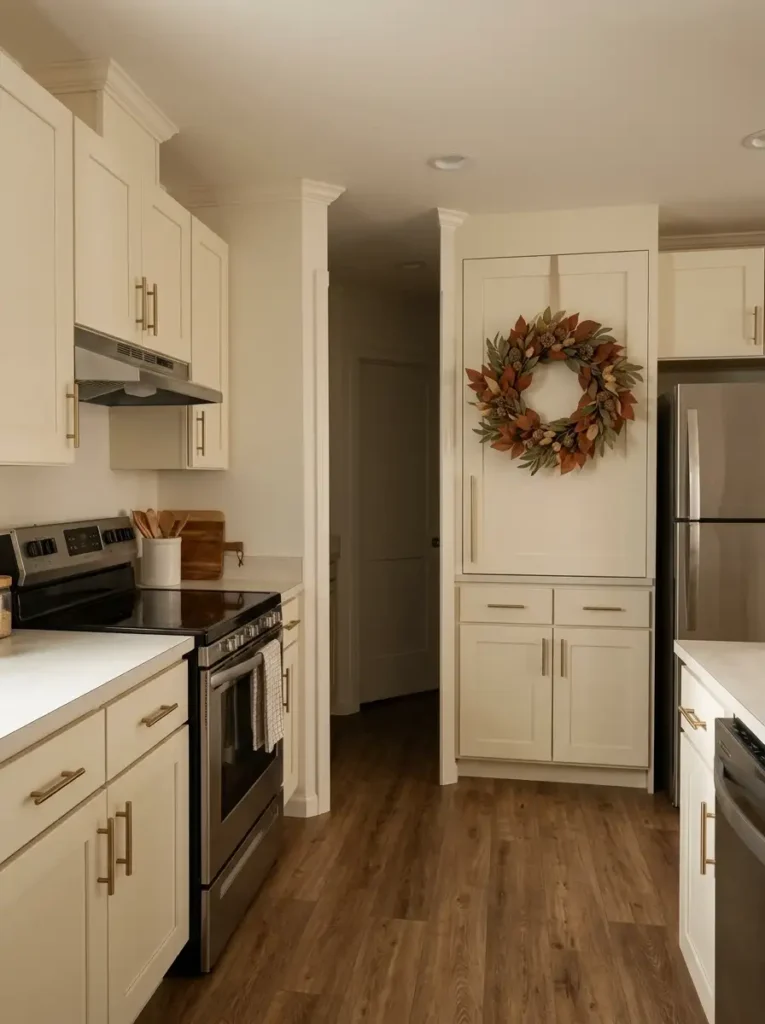 Compact mobile home kitchen with a lightweight autumn wreath hanging on a cream cabinet door above clear counters.