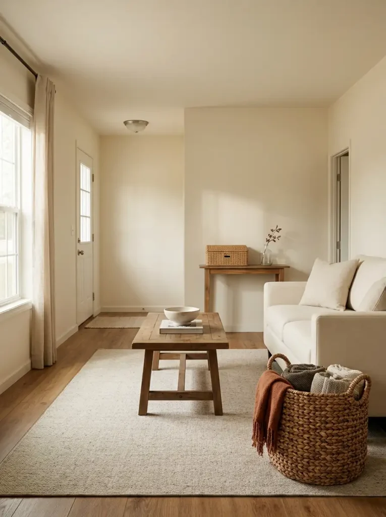 Cozy single wide living room with natural woven storage baskets, folded rust throw, cream sofa, warm wood, and clear floor space.