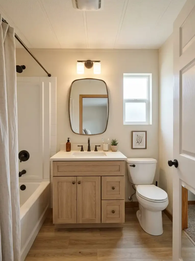 Compact single wide bathroom with coordinated vanity, mirror, lighting, counter, and hardware.