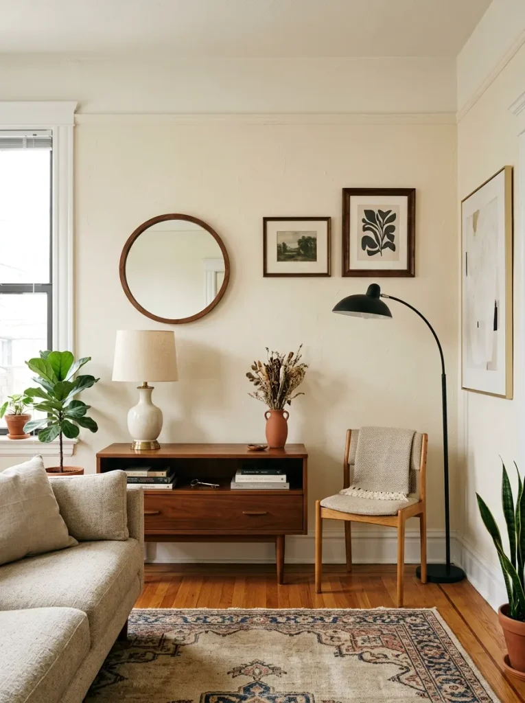 Mixed furniture, mirror, lamp, and artwork coordinated through shared visual alignment in a single-wide living room.