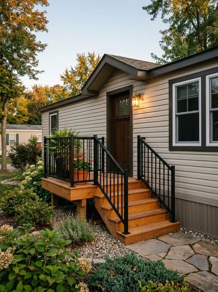 Single wide entrance with wood steps, dark railing, lighting, and planters coordinated with the exterior façade.