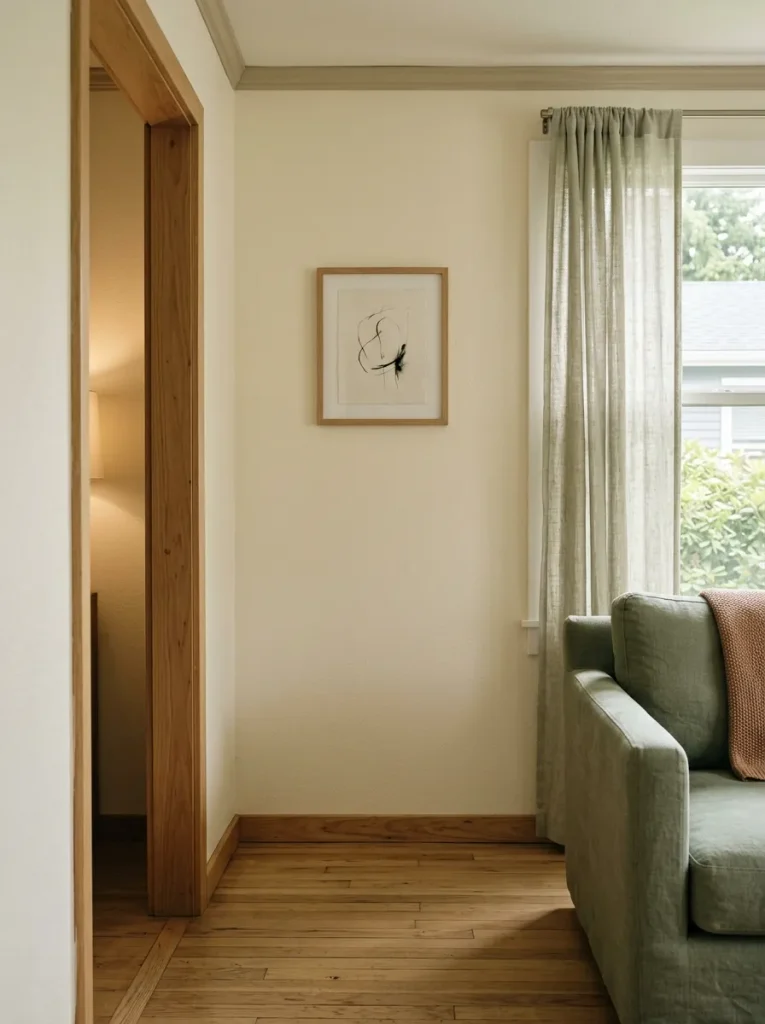 Intentionally empty single-wide living room corner kept clear beside a doorway and window.