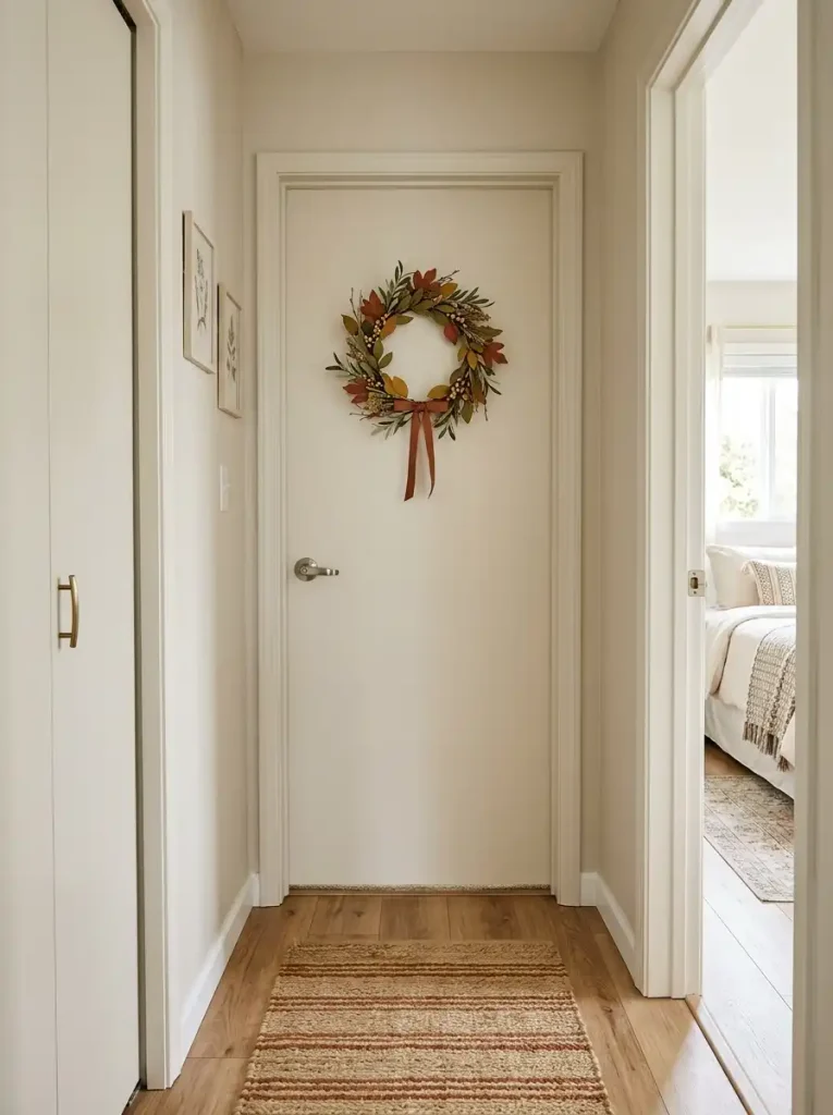 Mobile home interior door decorated with a narrow autumn wreath of muted leaves, olive sprigs, and cinnamon ribbon