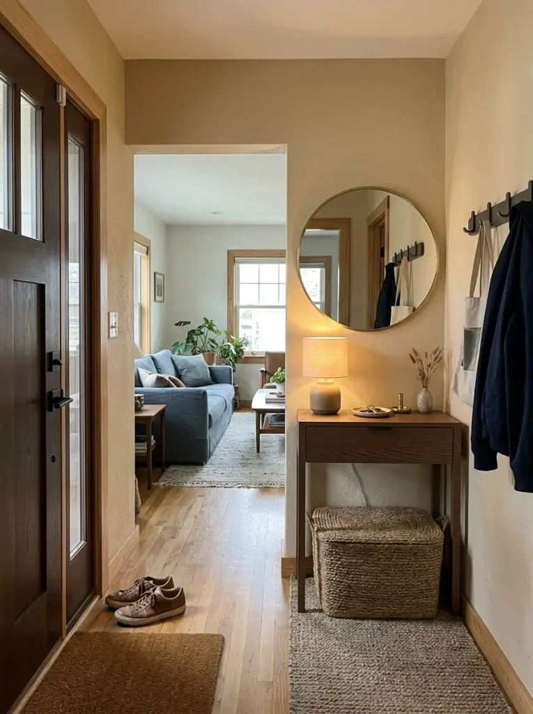 Compact single wide entry with closed shoe storage, a slim console, hooks, and a clear arrival path.