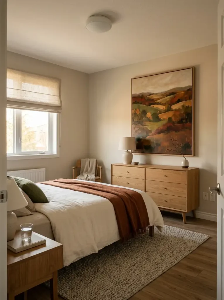 Fall mobile home bedroom with one oversized autumn artwork as the main seasonal focal point.