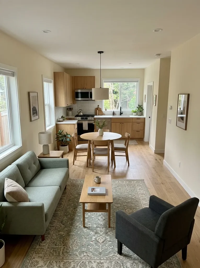 Single-wide open floor plan divided visually with rugs, lighting, and furniture instead of a physical divider.