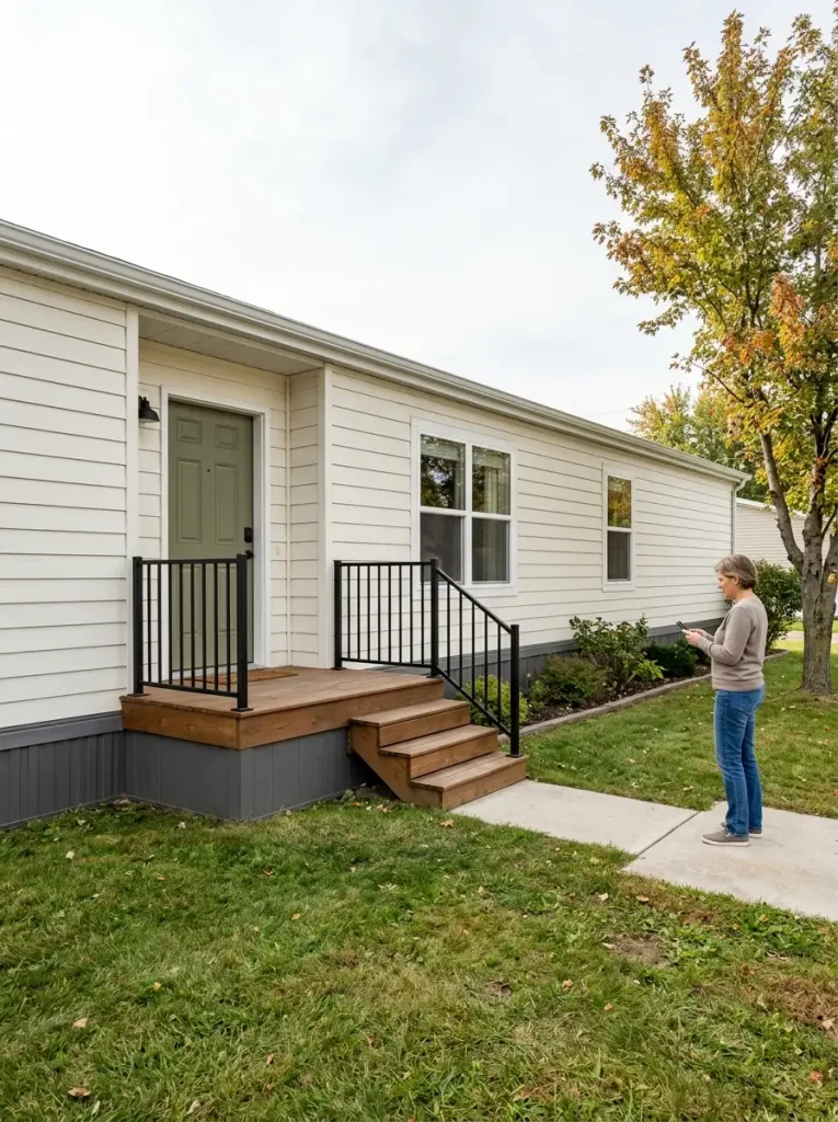 Undecorated mobile home viewed from the curb with off-white siding, olive-green front door, small wooden porch, black railing, front windows, lawn, and early fall foliage.