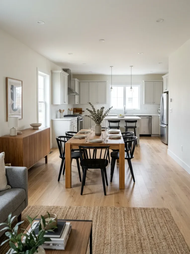 Leaving one dining-room edge visually open can preserve the long sightline that makes connected spaces feel more generous.