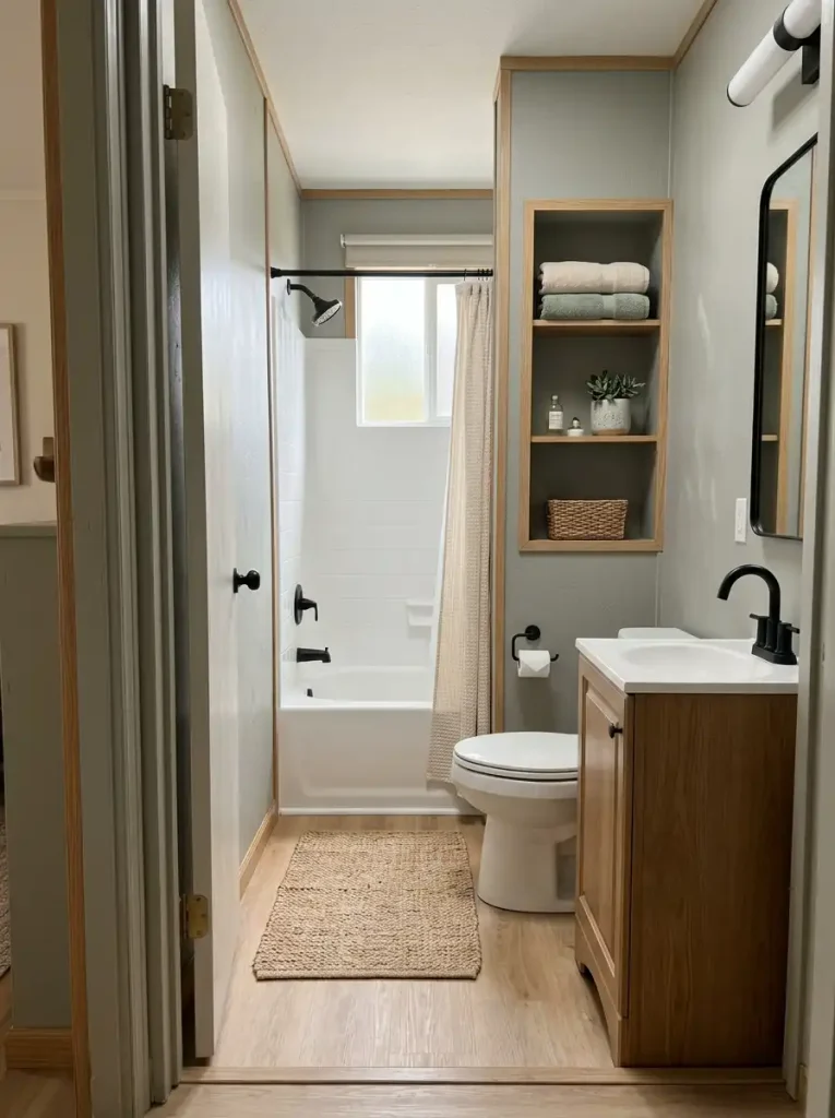 Compact single wide bathroom with shallow wall storage that stays behind the front edge of the toilet and vanity.