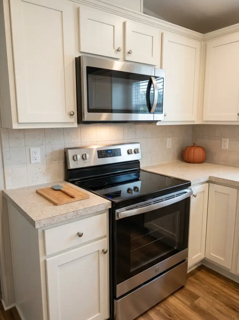 Mobile home kitchen range with clear cooking surfaces and a small fall accent positioned safely on the far side counter.