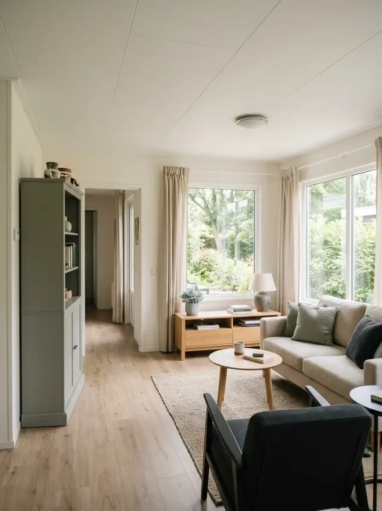 Bright single wide living room with low furniture beneath the windows and a tall storage cabinet placed on a solid end wall.