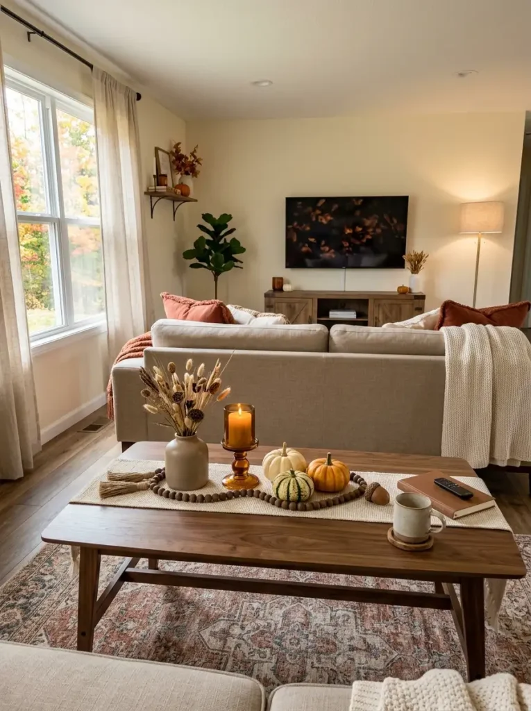 Low fall coffee table centerpiece with dried stems, amber candleholder, small gourds, and woven runner in a neutral living room.