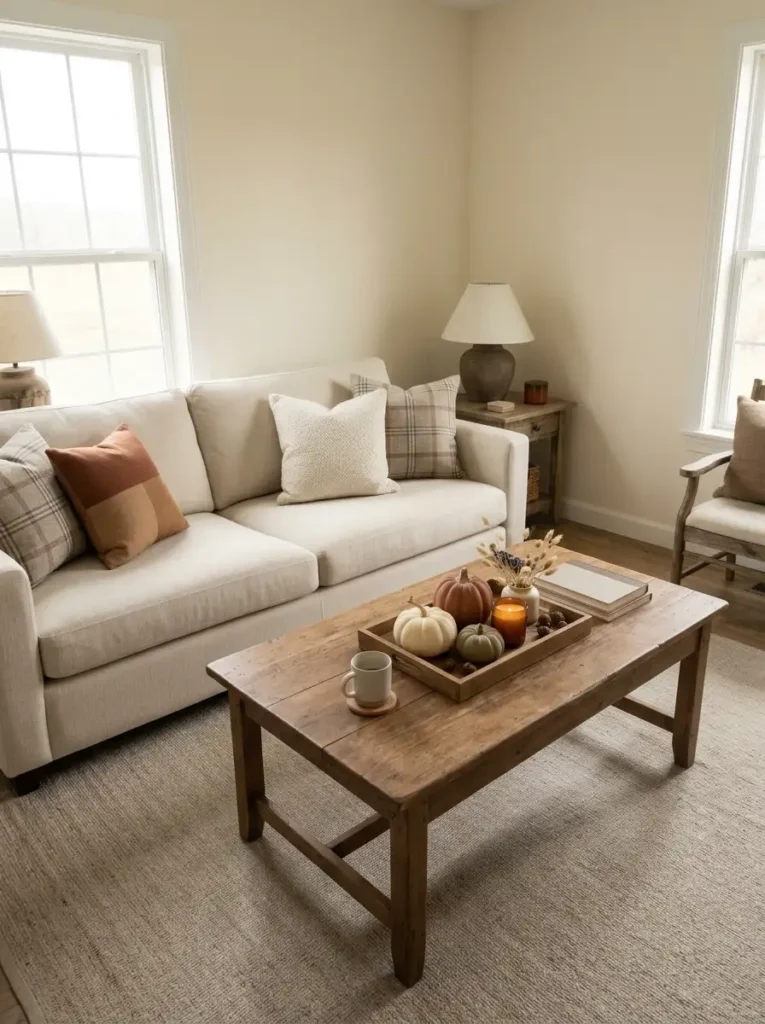 Rustic wood coffee table with a low tray of small pumpkins, amber glass, dried stems, and open tabletop in a cozy fall living room.