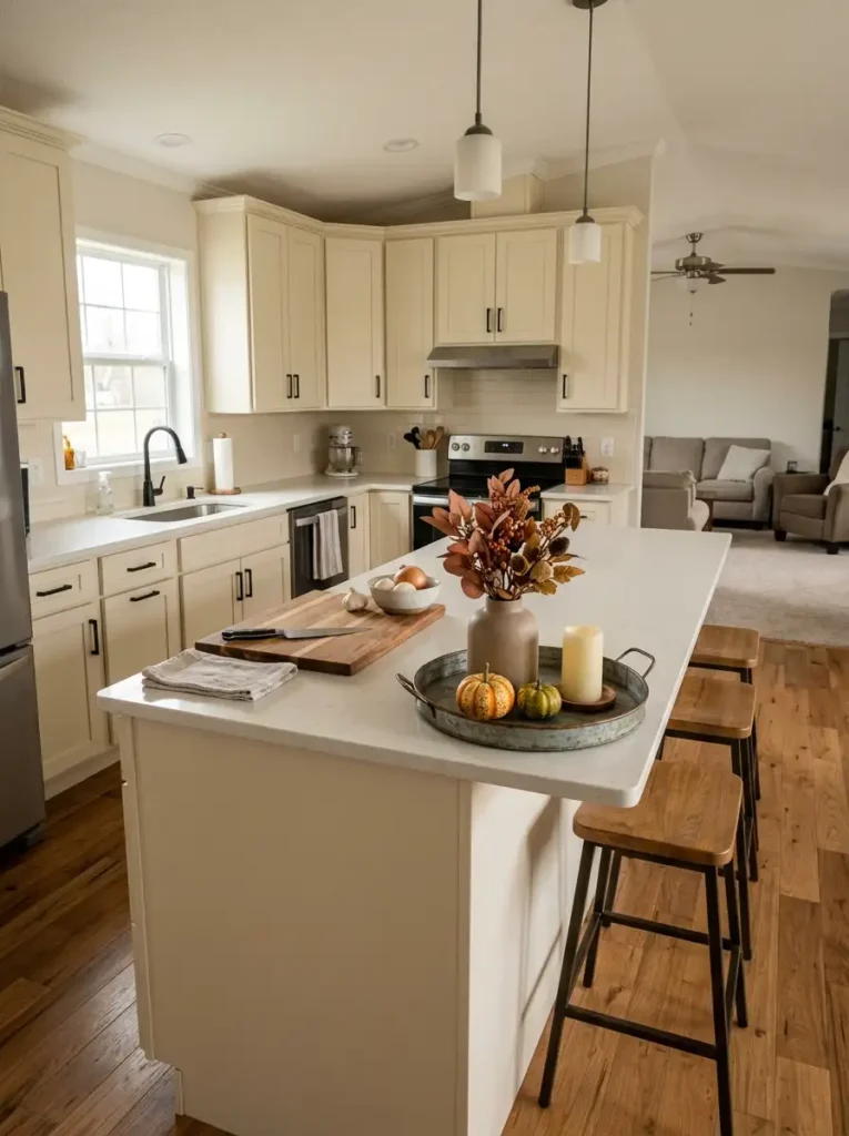 Double wide kitchen island with a low fall centerpiece on a wooden tray, muted foliage, gourds, and clear food-prep space.
