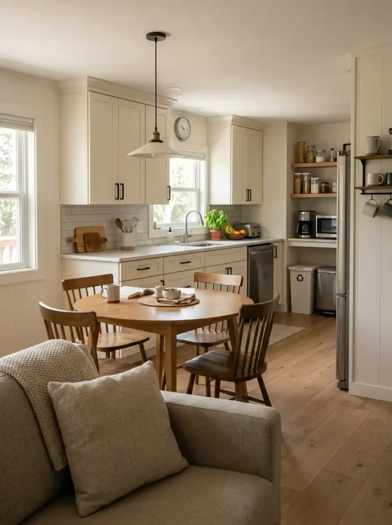 Kitchen arranged so practical storage and appliance clutter sit away from the main living-room view.