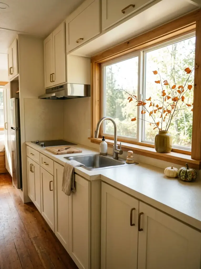 Bright mobile home kitchen sink window with sparse rust branches, small gourds, and an uncluttered sill